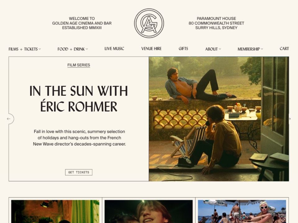 Golden Age Cinema and Bar website showing homepage hero carousel and navigation